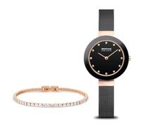 BERING 11429-166-GWP1 Reloj de Cuarzo para Mujer con Caja de Acero Inoxidable de 29 mm con Acabado en Oro Rosa y Esfera Negra, Correa milanesa, Cristal de Zafiro y Resistencia al Agua de 5 ATM