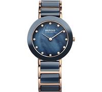 BERING 11429-767 Reloj de cuarzo para mujer, caja de acero inoxidable de 29 mm con acabado en oro rosa, esfera azul, brazalete de acero inoxidable con detalles en cerámica, resistencia al agua 5 ATM