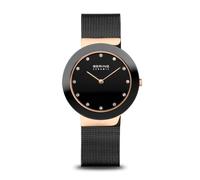 BERING 11435-166 Reloj de cuarzo para mujer con caja de acero inoxidable de 35 mm con acabado en oro rosa y esfera negra, correa milanesa, cristal de zafiro y resistencia al agua de 5 ATM