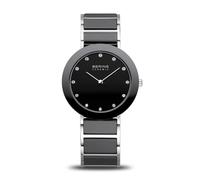 BERING 11435-749 Reloj de cuarzo para mujer con caja de acero inoxidable plateado de 35 mm, esfera negra, brazalete de acero inoxidable con detalles en cerámica y resistencia al agua de 3 ATM