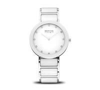 BERING 11435-754 Reloj de cuarzo para mujer con caja de acero inoxidable plateado de 35 mm, esfera blanca, brazalete de acero inoxidable con detalles de cerámica, resistencia al agua de 3 ATM