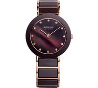 BERING 11435-765 Reloj de cuarzo para mujer, caja de acero inoxidable de 35 mm con acabado en oro rosa, esfera marrón, brazalete de acero inoxidable y detalles en cerámica, resistencia al agua 3 ATM