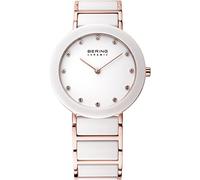 BERING 11435-766 Reloj de cuarzo para mujer, caja de acero inoxidable de 35 mm con acabado en oro rosa, esfera blanca, brazalete de acero inoxidable y detalles en cerámica, resistencia al agua 3 ATM
