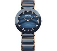 BERING 11435-767 Reloj de cuarzo para mujer, caja de acero inoxidable de 35 mm con acabado en oro rosa, esfera azul, brazalete de acero inoxidable con detalles en cerámica, resistencia al agua 3 ATM