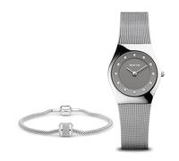 BERING 11927-309-GWP190 Reloj de cuarzo para mujer con caja de acero inoxidable plateado de 27 mm y esfera gris, correa milanesa, cristal de zafiro y resistencia al agua de 5 ATM