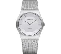 BERING 11935-000 Reloj de cuarzo para mujer con caja de titanio de 35 mm con acabado plateado y esfera blanca, correa milanesa, cristal de zafiro y resistencia al agua de 5 ATM