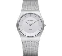 BERING 11935-000 Reloj de cuarzo para mujer con caja de titanio de 35 mm con acabado plateado y esfera blanca, correa milanesa, cristal de zafiro y resistencia al agua de 5 ATM