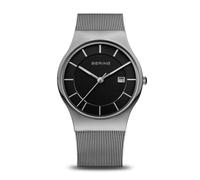 BERING 11938-002 Reloj de cuarzo para hombre de 40 mm con caja de acero inoxidable plateado y esfera negra, correa milanesa, cristal de zafiro y resistencia al agua de 3 ATM