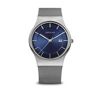 BERING 11938-003 Reloj de cuarzo para hombre con caja de acero inoxidable plateado de 40 mm y esfera azul, correa milanesa, cristal de zafiro y resistencia al agua de 3 ATM