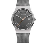 BERING 11938-007 Reloj de cuarzo para hombre con caja de acero inoxidable de 40 mm con acabado en gris y esfera gris, correa milanesa, cristal de zafiro y resistencia al agua de 3 ATM