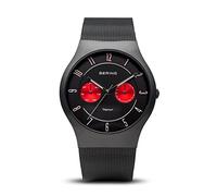 BERING 11939-229 Reloj de cuarzo para hombre con caja de titanio de 39 mm con acabado en negro y esfera negra, correa milanesa, cristal de zafiro y resistencia al agua de 5 ATM