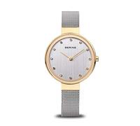 BERING 12034-010 Reloj de cuarzo para mujer con caja de acero inoxidable de 34 mm con acabado dorado y esfera plateada, correa milanesa, cristal de zafiro y resistencia al agua de 3 ATM