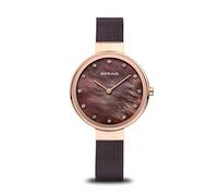 BERING 12034-265 Reloj de cuarzo para mujer con caja de acero inoxidable de 34 mm con acabado en oro rosa y esfera marrón, correa milanesa, cristal de zafiro y resistencia al agua de 3 ATM