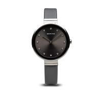 BERING 12034-609 Reloj de cuarzo para mujer con caja de acero inoxidable plateado de 34 mm y esfera gris, correa de cuero satinado, cristal de zafiro y resistencia al agua de 3 ATM