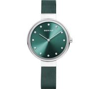 Bering 12034-808 Reloj de Cuarzo para Mujer con Caja de Acero Inoxidable Plateado de 34 mm y Esfera en Verde, Correa milanesa, Cristal de Zafiro y Resistencia al Agua de 3 ATM
