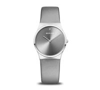 BERING 12130-609 Reloj de cuarzo para mujer con caja de acero inoxidable plateado de 30 mm y esfera gris, correa de cuero satinado, cristal de zafiro y resistencia al agua de 3 ATM