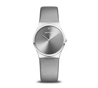 BERING 12130-609 Reloj de cuarzo para mujer con caja de acero inoxidable plateado de 30 mm y esfera gris, correa de cuero satinado, cristal de zafiro y resistencia al agua de 3 ATM