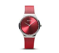 BERING 12131-303 Reloj de cuarzo para mujer con caja de acero inoxidable plateado de 31 mm y esfera roja, correa milanesa, cristal de zafiro y resistencia al agua de 3 ATM