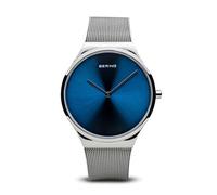 BERING 12138-007 Reloj de cuarzo unisex con caja de acero inoxidable plateado de 38 mm y esfera azul, correa milanesa, cristal de zafiro y resistencia al agua de 3 ATM