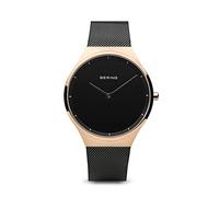 BERING 12138-162 Reloj de cuarzo unisex con caja de acero inoxidable de 38 mm con acabado en oro rosa y esfera negra, correa milanesa, cristal de zafiro y resistencia al agua de 3 ATM