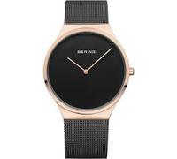 BERING 12138-166 Reloj de cuarzo unisex con caja de acero inoxidable de 38 mm con acabado en oro rosa y esfera negra, correa milanesa, cristal de zafiro y resistencia al agua de 3 ATM