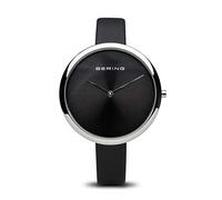 BERING 12240-602 Reloj de cuarzo para mujer con caja de acero inoxidable plateado de 40 mm y esfera negra, correa de cuero satinado, cristal de zafiro y resistencia al agua de 3 ATM