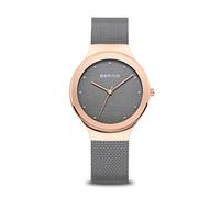 BERING 12934-369 Reloj de cuarzo para mujer con caja de acero inoxidable de 34 mm con acabado en oro rosa y esfera gris, correa milanesa, cristal de zafiro y resistencia al agua de 3 ATM