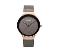 BERING 12934-369 Reloj de cuarzo para mujer con caja de acero inoxidable de 34 mm con acabado en oro rosa y esfera gris, correa milanesa, cristal de zafiro y resistencia al agua de 3 ATM