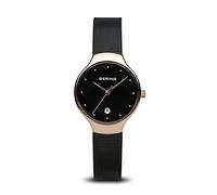 BERING 13326-262 Reloj de cuarzo para mujer con caja de acero inoxidable de 26 mm con acabado en oro rosa y esfera negra, correa milanesa, cristal de zafiro y resistencia al agua de 3 ATM