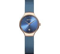 BERING 13326-368 Reloj de cuarzo para mujer con caja de acero inoxidable de 26 mm con acabado en oro rosa y esfera azul, correa milanesa, cristal de zafiro y resistencia al agua de 3 ATM
