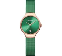 BERING 13326-868 Reloj de cuarzo para mujer con caja de acero inoxidable de 26 mm con acabado en oro rosa y esfera verde, correa milanesa, cristal de zafiro y resistencia al agua de 3 ATM