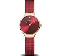 BERING 13326-Charity Reloj de cuarzo para mujer con caja de acero inoxidable de 26 mm con acabado en oro rosa y esfera roja, correa milanesa, cristal de zafiro y resistencia al agua de 3 ATM