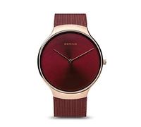 BERING 13338-262 Reloj de cuarzo unisex con caja de acero inoxidable de 38 mm con acabado en oro rosa y esfera roja, correa milanesa, cristal de zafiro y resistencia al agua de 5 ATM