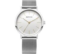 BERING 13436-001 Reloj de cuarzo para mujer con caja de acero inoxidable plateado de 36 mm y esfera blanca, correa milanesa, cristal de zafiro y resistencia al agua de 3 ATM