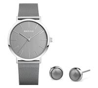 BERING 13436-309-GWP Reloj de cuarzo para mujer con caja de acero inoxidable plateado de 36 mm y esfera gris, correa milanesa, cristal de zafiro y resistencia al agua de 3 ATM