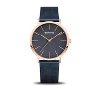 BERING 13436-367 Reloj de cuarzo para mujer con caja de acero inoxidable de 36 mm con acabado en oro rosa y esfera azul, correa milanesa, cristal de zafiro y resistencia al agua de 3 ATM