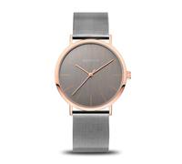 BERING 13436-369 Reloj de cuarzo para mujer con caja de acero inoxidable de 36 mm con acabado en oro rosa y esfera gris, correa milanesa, cristal de zafiro y resistencia al agua de 3 ATM