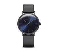 BERING 13436-427 Reloj de cuarzo para mujer con caja de acero inoxidable de 36 mm con acabado en negro y esfera azul, correa de piel de becerro, cristal de zafiro y resistencia al agua de 3 ATM