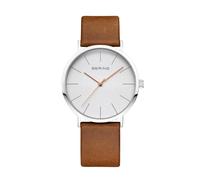 BERING 13436-506 Reloj de cuarzo para mujer con caja de acero inoxidable plateado de 36 mm y esfera plateada, correa de piel de becerro, cristal de zafiro y resistencia al agua de 3 ATM