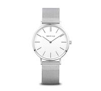 BERING 14134-004 Reloj de cuarzo para mujer con caja de acero inoxidable plateado de 34 mm y esfera blanca, correa milanesa, cristal de zafiro y resistencia al agua de 3 ATM