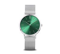 BERING 14134-008 Reloj de cuarzo para mujer con caja de acero inoxidable plateado de 34 mm y esfera en verde, correa milanesa, cristal de zafiro y resistencia al agua de 3 ATM