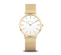 BERING 14134-331 Reloj de cuarzo para mujer con caja de acero inoxidable de 34 mm con acabado dorado y esfera blanca, correa milanesa, cristal de zafiro y resistencia al agua de 3 ATM