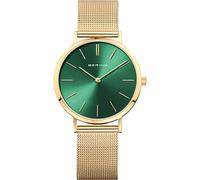 BERING 14134-338 Reloj de cuarzo para mujer con caja de acero inoxidable de 34 mm con acabado dorado y esfera verde, correa milanesa, cristal de zafiro y resistencia al agua de 3 ATM