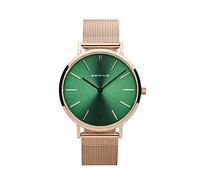 BERING 14134-368 Reloj de cuarzo para mujer con caja de acero inoxidable de 34 mm con acabado en oro rosa y esfera verde, correa milanesa, cristal de zafiro y resistencia al agua de 3 ATM