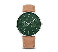 BERING 14240-608 Reloj de cuarzo para hombre con caja de acero inoxidable plateado de 40 mm y esfera verde, correa de piel de becerro, cristal de zafiro y resistencia al agua de 3 ATM