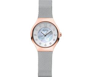 Bering 14427-060 Reloj Solar para Mujer con Caja de Acero Inoxidable de 27 mm con Acabado en Oro Rosa y Esfera Blanca, Correa milanesa, Cristal de Zafiro y Resistencia al Agua de 5 ATM