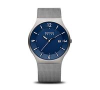 BERING 14440-007 Reloj solar para hombre con caja de acero inoxidable de 40 mm con acabado en gris y esfera azul, correa milanesa, cristal de zafiro y resistencia al agua de 5 ATM