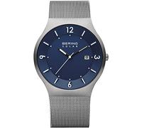 BERING 14440-007 Reloj solar para hombre con caja de acero inoxidable de 40 mm con acabado en gris y esfera azul, correa milanesa, cristal de zafiro y resistencia al agua de 5 ATM