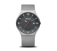 BERING 14440-077 Reloj solar para hombre con caja de acero inoxidable de 40 mm con acabado en gris y esfera gris, correa milanesa, cristal de zafiro y resistencia al agua de 5 ATM