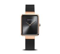 BERING 14528-166 Reloj de cuarzo para mujer con caja de acero inoxidable de 28 mm con acabado en oro rosa y esfera negra, correa milanesa, cristal de zafiro y resistencia al agua de 3 ATM